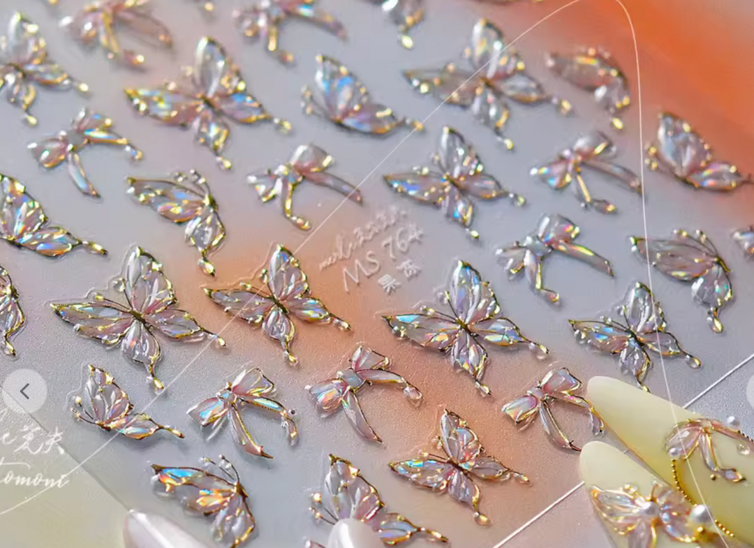 HOLOGRAPHIC BUTTERFLY AND BOW GOLD OUTLINE NAIL STICKER